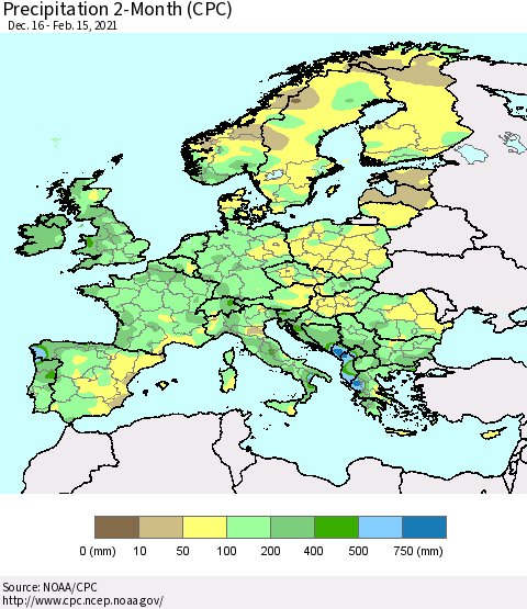 Europe Precipitation 2-Month (CPC) Thematic Map For 12/16/2020 - 2/15/2021