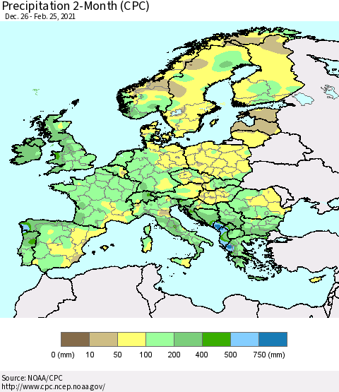 Europe Precipitation 2-Month (CPC) Thematic Map For 12/26/2020 - 2/25/2021