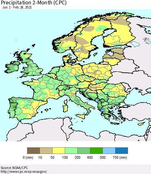 Europe Precipitation 2-Month (CPC) Thematic Map For 1/1/2021 - 2/28/2021