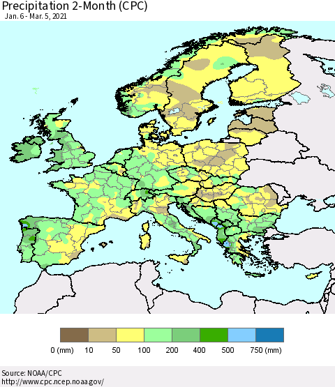 Europe Precipitation 2-Month (CPC) Thematic Map For 1/6/2021 - 3/5/2021