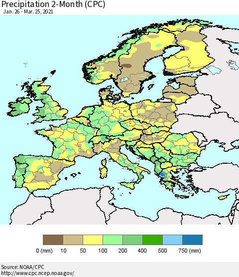 Europe Precipitation 2-Month (CPC) Thematic Map For 1/26/2021 - 3/25/2021