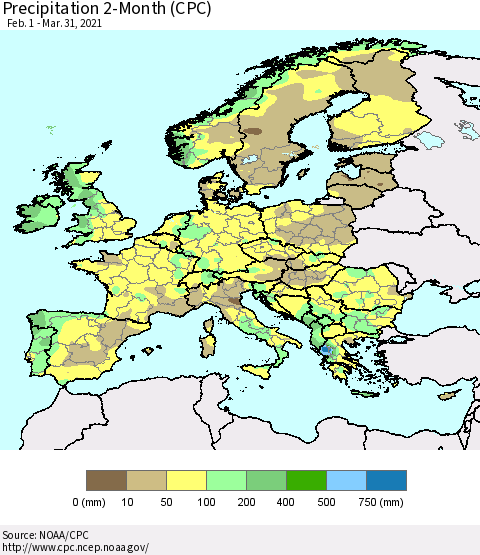 Europe Precipitation 2-Month (CPC) Thematic Map For 2/1/2021 - 3/31/2021