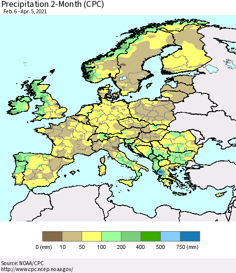 Europe Precipitation 2-Month (CPC) Thematic Map For 2/6/2021 - 4/5/2021