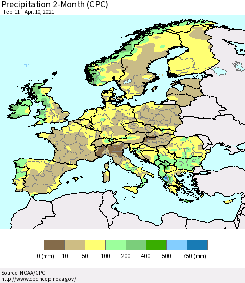 Europe Precipitation 2-Month (CPC) Thematic Map For 2/11/2021 - 4/10/2021