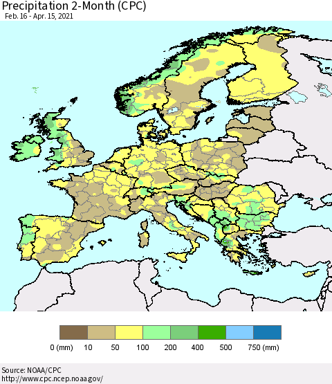Europe Precipitation 2-Month (CPC) Thematic Map For 2/16/2021 - 4/15/2021