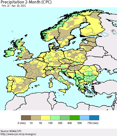 Europe Precipitation 2-Month (CPC) Thematic Map For 2/21/2021 - 4/20/2021