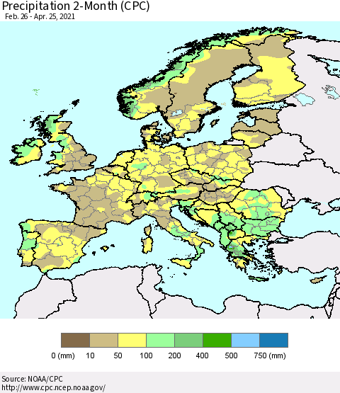 Europe Precipitation 2-Month (CPC) Thematic Map For 2/26/2021 - 4/25/2021
