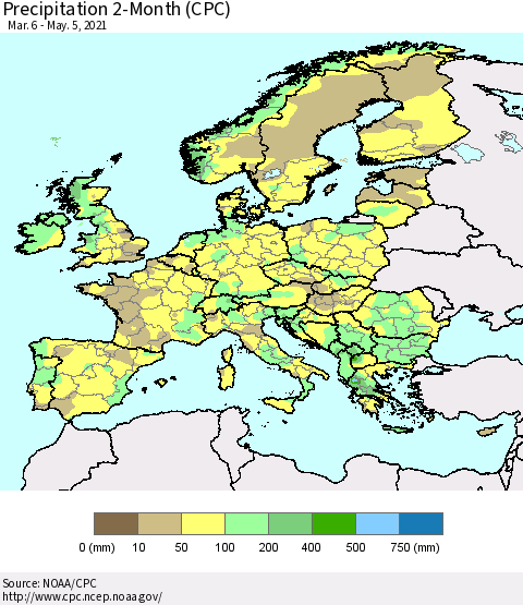 Europe Precipitation 2-Month (CPC) Thematic Map For 3/6/2021 - 5/5/2021