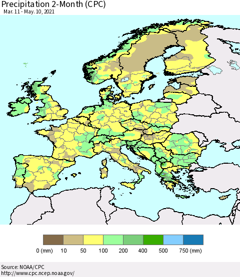 Europe Precipitation 2-Month (CPC) Thematic Map For 3/11/2021 - 5/10/2021