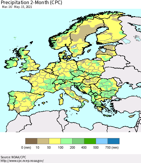 Europe Precipitation 2-Month (CPC) Thematic Map For 3/16/2021 - 5/15/2021