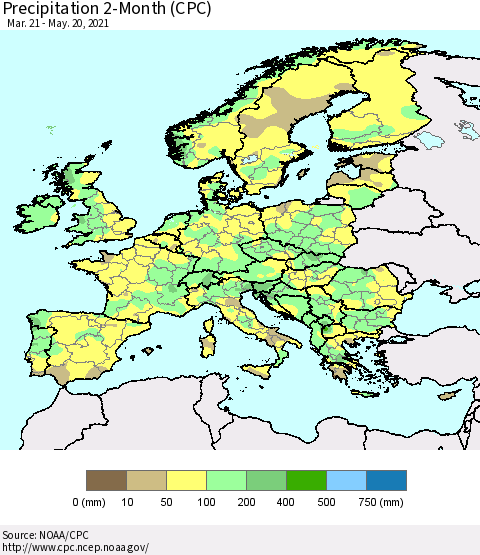 Europe Precipitation 2-Month (CPC) Thematic Map For 3/21/2021 - 5/20/2021