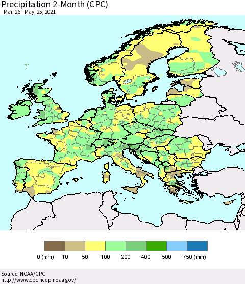 Europe Precipitation 2-Month (CPC) Thematic Map For 3/26/2021 - 5/25/2021
