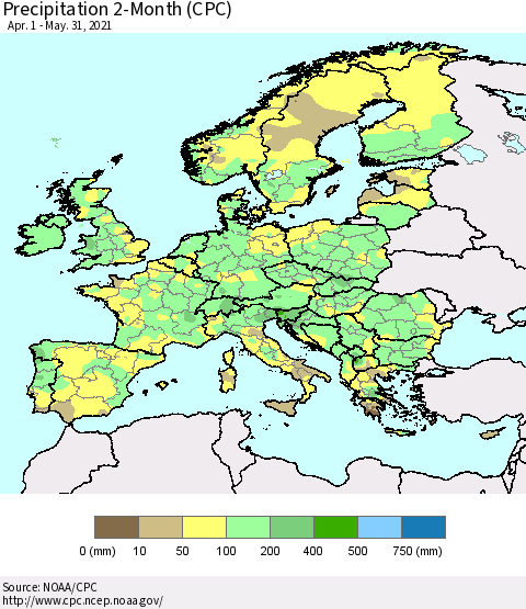 Europe Precipitation 2-Month (CPC) Thematic Map For 4/1/2021 - 5/31/2021