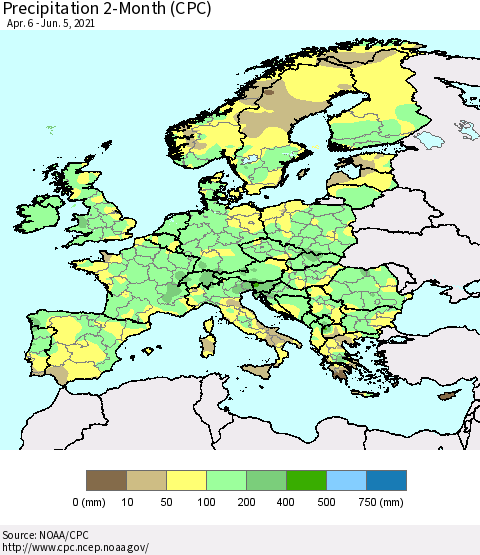 Europe Precipitation 2-Month (CPC) Thematic Map For 4/6/2021 - 6/5/2021