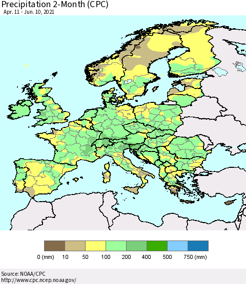 Europe Precipitation 2-Month (CPC) Thematic Map For 4/11/2021 - 6/10/2021