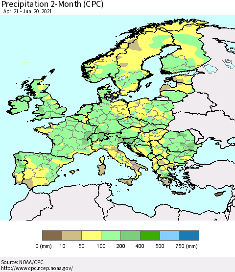 Europe Precipitation 2-Month (CPC) Thematic Map For 4/21/2021 - 6/20/2021