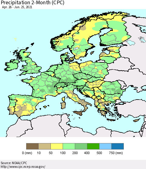 Europe Precipitation 2-Month (CPC) Thematic Map For 4/26/2021 - 6/25/2021