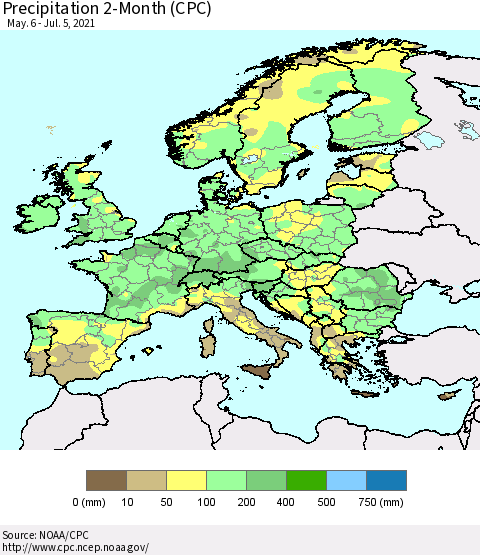Europe Precipitation 2-Month (CPC) Thematic Map For 5/6/2021 - 7/5/2021