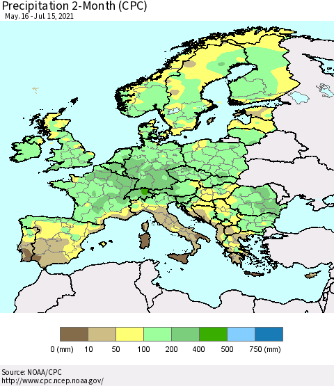 Europe Precipitation 2-Month (CPC) Thematic Map For 5/16/2021 - 7/15/2021