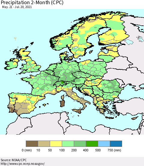 Europe Precipitation 2-Month (CPC) Thematic Map For 5/21/2021 - 7/20/2021