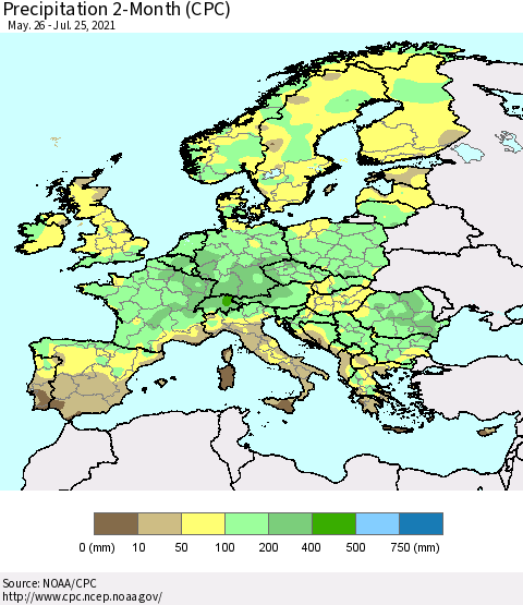 Europe Precipitation 2-Month (CPC) Thematic Map For 5/26/2021 - 7/25/2021