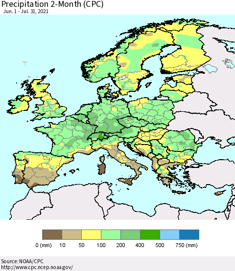 Europe Precipitation 2-Month (CPC) Thematic Map For 6/1/2021 - 7/31/2021
