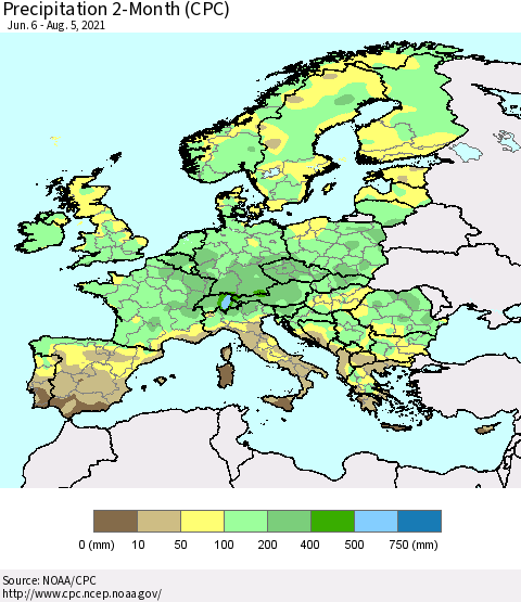 Europe Precipitation 2-Month (CPC) Thematic Map For 6/6/2021 - 8/5/2021