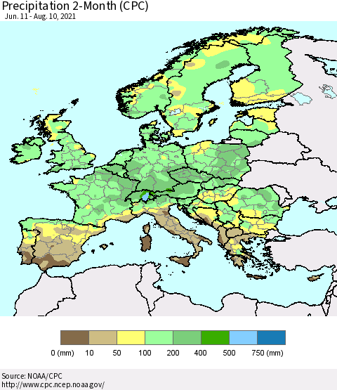 Europe Precipitation 2-Month (CPC) Thematic Map For 6/11/2021 - 8/10/2021