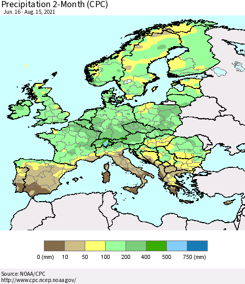 Europe Precipitation 2-Month (CPC) Thematic Map For 6/16/2021 - 8/15/2021