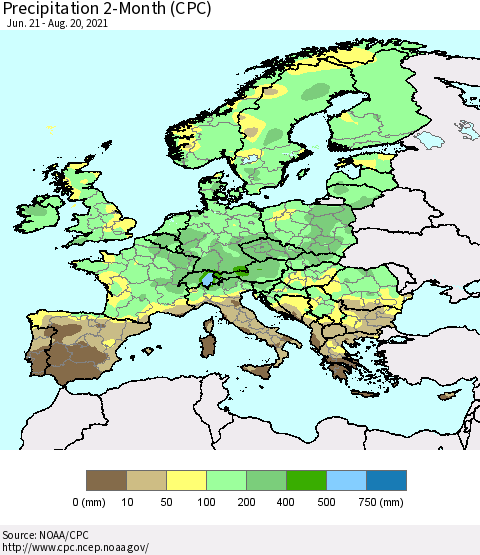 Europe Precipitation 2-Month (CPC) Thematic Map For 6/21/2021 - 8/20/2021