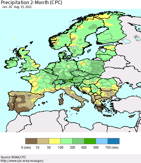 Europe Precipitation 2-Month (CPC) Thematic Map For 6/26/2021 - 8/25/2021