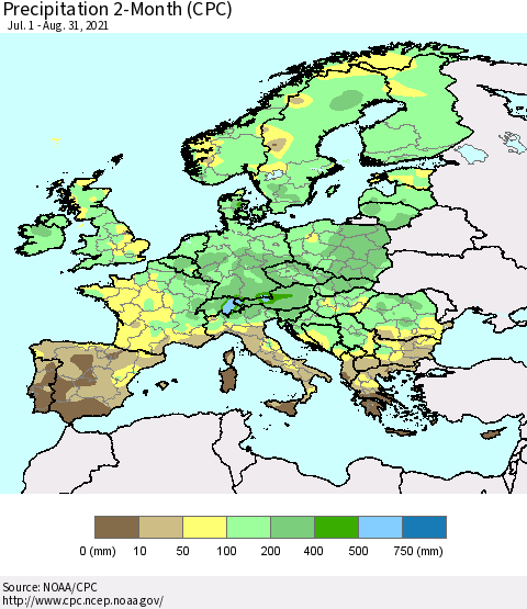 Europe Precipitation 2-Month (CPC) Thematic Map For 7/1/2021 - 8/31/2021