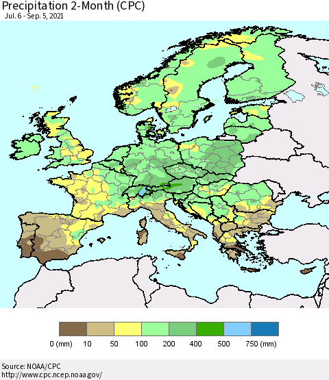 Europe Precipitation 2-Month (CPC) Thematic Map For 7/6/2021 - 9/5/2021
