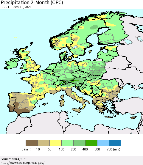 Europe Precipitation 2-Month (CPC) Thematic Map For 7/11/2021 - 9/10/2021