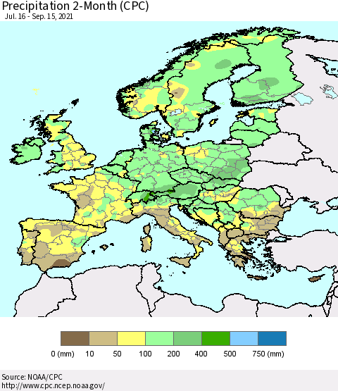 Europe Precipitation 2-Month (CPC) Thematic Map For 7/16/2021 - 9/15/2021