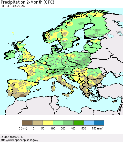 Europe Precipitation 2-Month (CPC) Thematic Map For 7/21/2021 - 9/20/2021