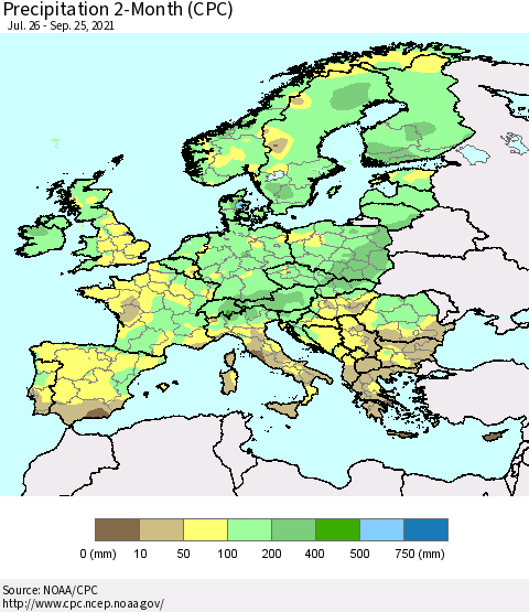 Europe Precipitation 2-Month (CPC) Thematic Map For 7/26/2021 - 9/25/2021