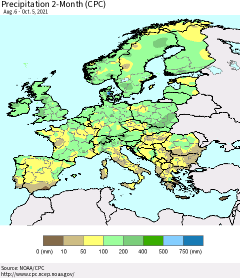 Europe Precipitation 2-Month (CPC) Thematic Map For 8/6/2021 - 10/5/2021