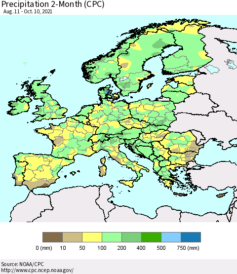Europe Precipitation 2-Month (CPC) Thematic Map For 8/11/2021 - 10/10/2021