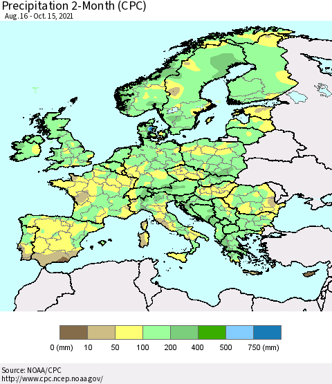 Europe Precipitation 2-Month (CPC) Thematic Map For 8/16/2021 - 10/15/2021