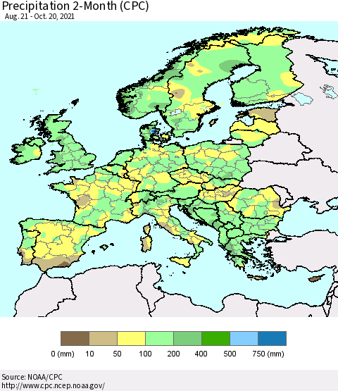 Europe Precipitation 2-Month (CPC) Thematic Map For 8/21/2021 - 10/20/2021