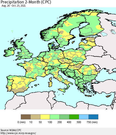 Europe Precipitation 2-Month (CPC) Thematic Map For 8/26/2021 - 10/25/2021