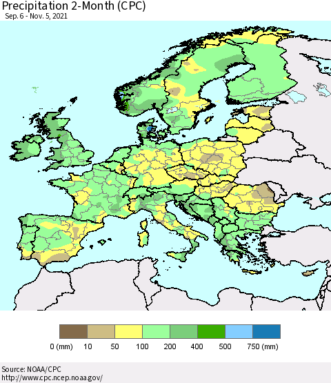 Europe Precipitation 2-Month (CPC) Thematic Map For 9/6/2021 - 11/5/2021