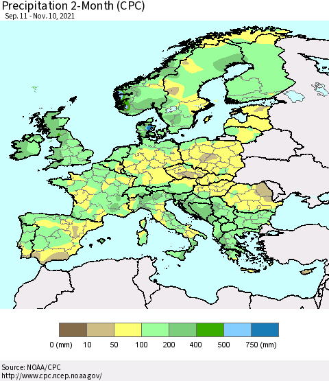Europe Precipitation 2-Month (CPC) Thematic Map For 9/11/2021 - 11/10/2021