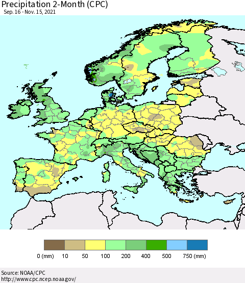 Europe Precipitation 2-Month (CPC) Thematic Map For 9/16/2021 - 11/15/2021