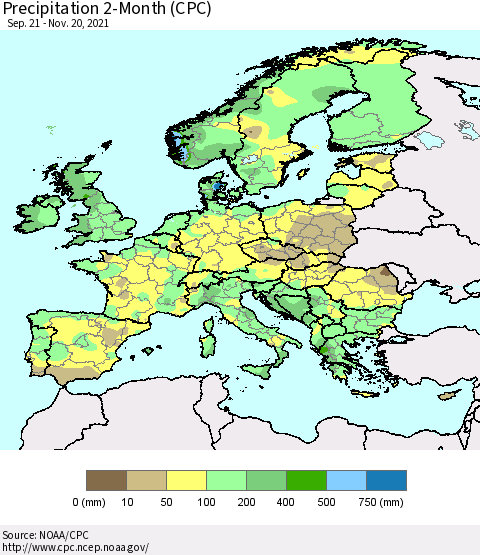 Europe Precipitation 2-Month (CPC) Thematic Map For 9/21/2021 - 11/20/2021