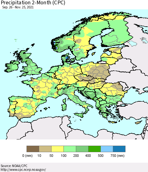 Europe Precipitation 2-Month (CPC) Thematic Map For 9/26/2021 - 11/25/2021