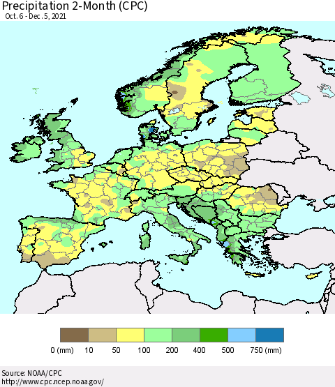 Europe Precipitation 2-Month (CPC) Thematic Map For 10/6/2021 - 12/5/2021