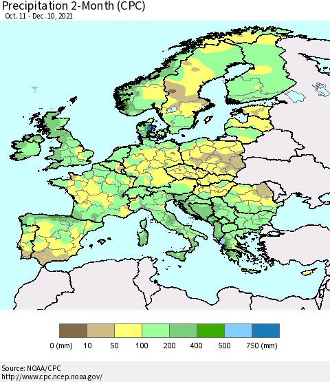 Europe Precipitation 2-Month (CPC) Thematic Map For 10/11/2021 - 12/10/2021