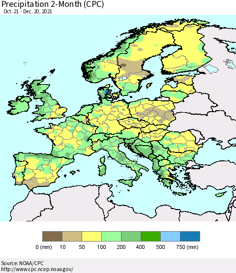 Europe Precipitation 2-Month (CPC) Thematic Map For 10/21/2021 - 12/20/2021